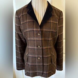 PERUVIAN CONNECTION Brown 100% Merino LambsWool Plaid Equestrian Blazer~12/14